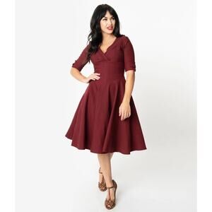 Unique Vintage 1950s Burgundy Red Delores Swing Dress with Sleeves New Medium